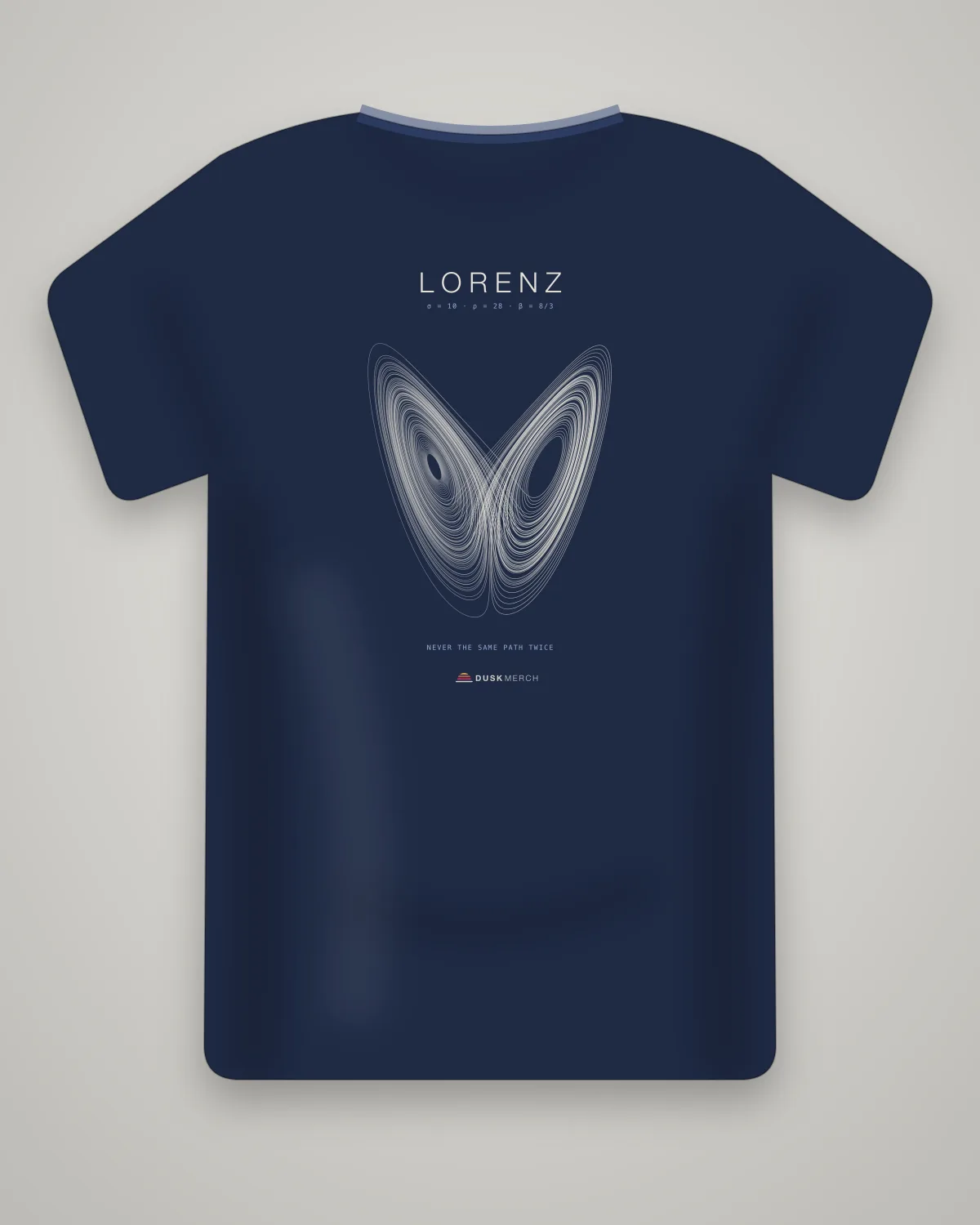 The Lorenz design on the back of a navy tee