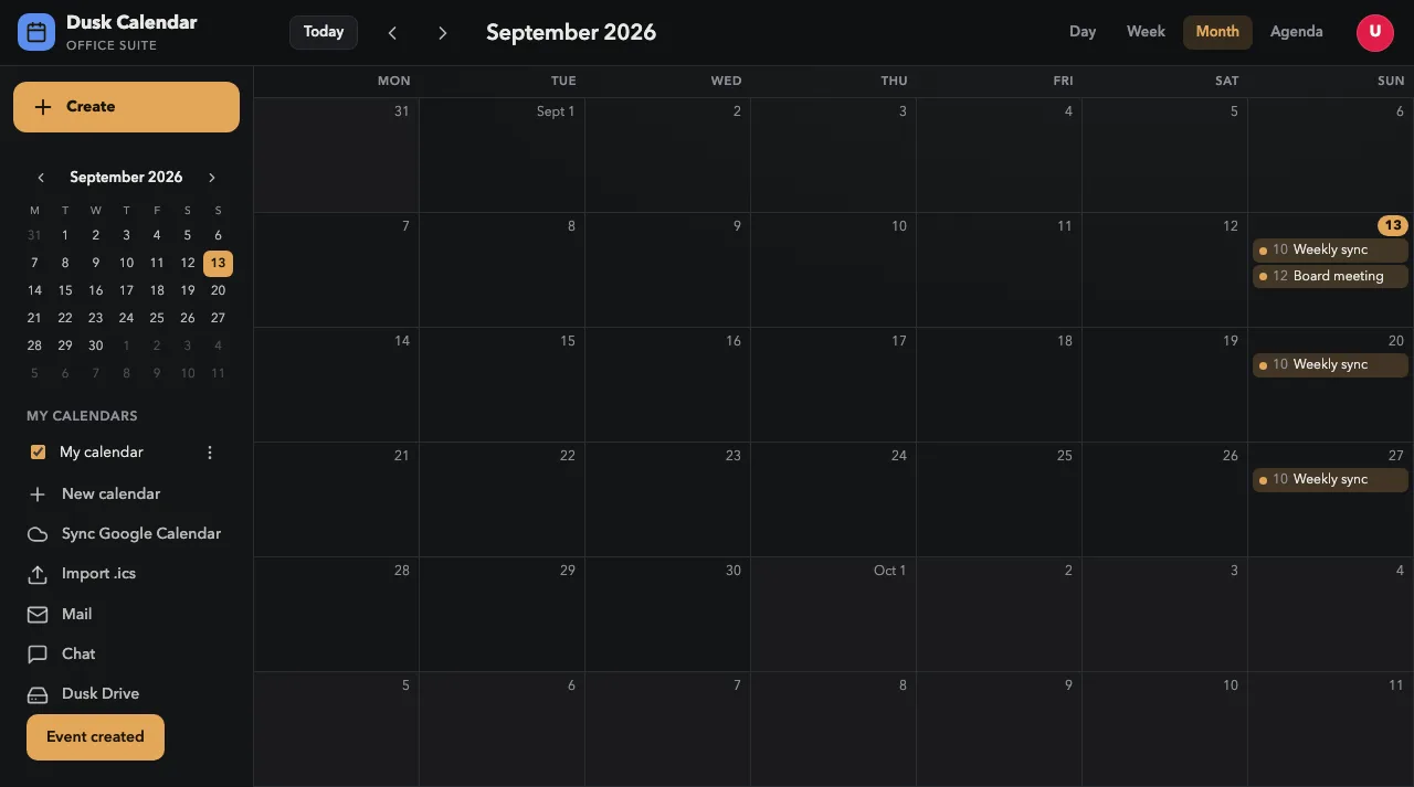 Dusk Calendar: month view with recurring events