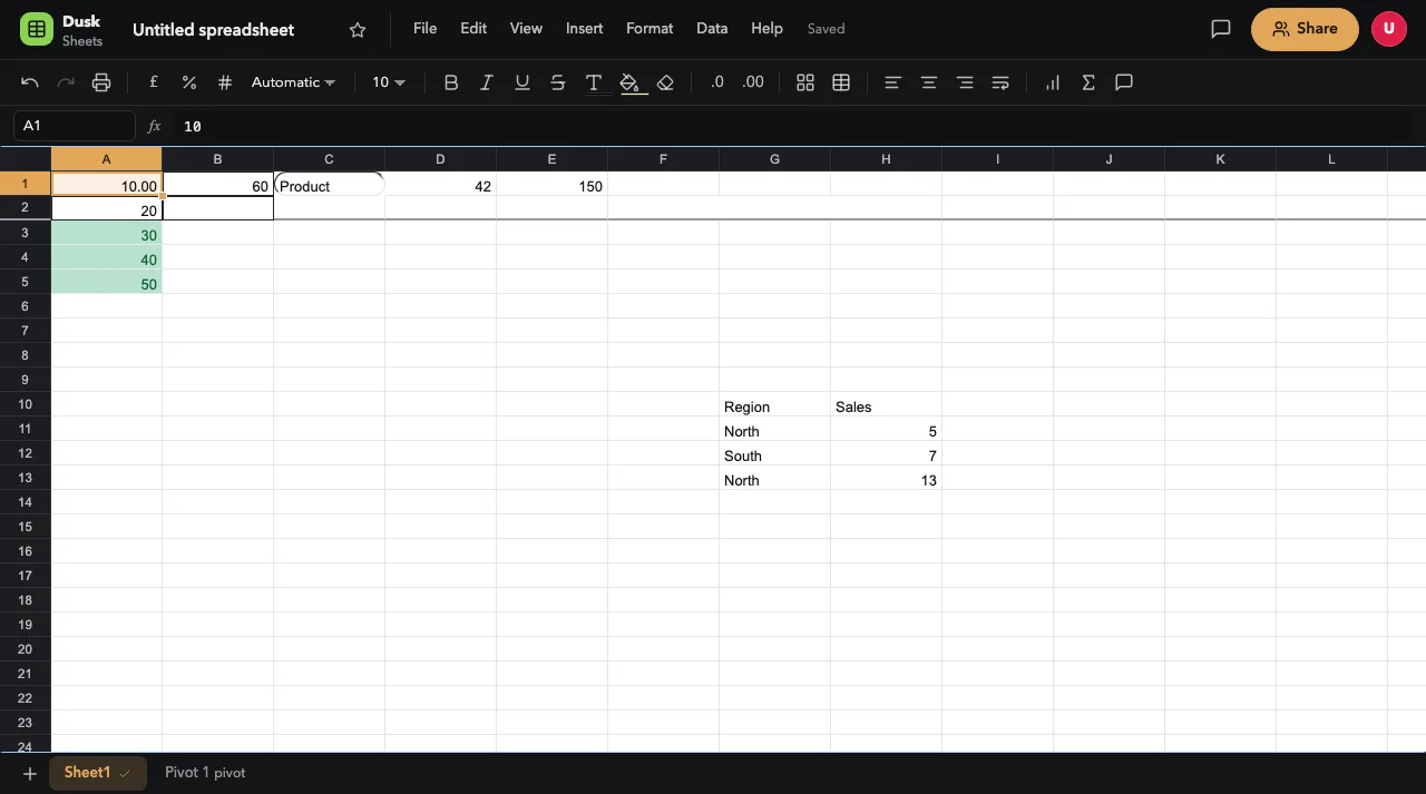Dusk Sheets with formula bar, formatting and a pivot sheet